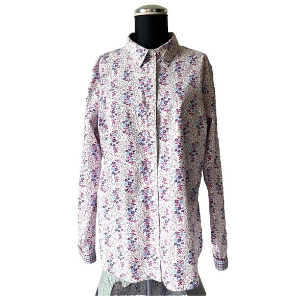 LL Bean Purple Blue White Floral Button-Front Shirt Long Sleeve-Women's Large - Picture 3 of 13